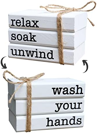 Farmhouse Mini Bookstack for Bathroom Decor Wooden Books for Restroom Shelf Decorative Accent for Guest Bathroom Sign, 2 Signs in 1 Reversible - Wash Your Hands/Relax Soak Unwind by LIVDUCOT