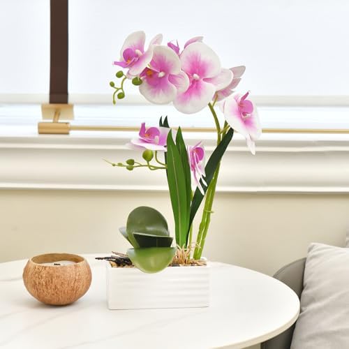 Artificial Real Touch Orchid Flowers with White Ceramic Vase, Light Purple - Image 6