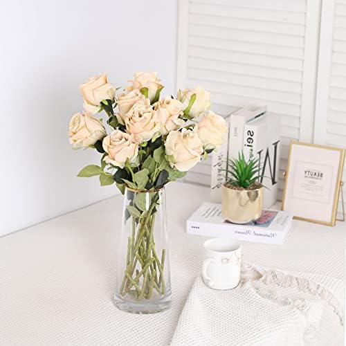 10pcs Champagne Roses Artificial Flowers, Realistic Faux Rose with Stem - Image 6