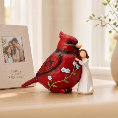 TOHLUCS Cardinal Bird Figurine with Angel, 5in Hand-Painted Resin - Image 2