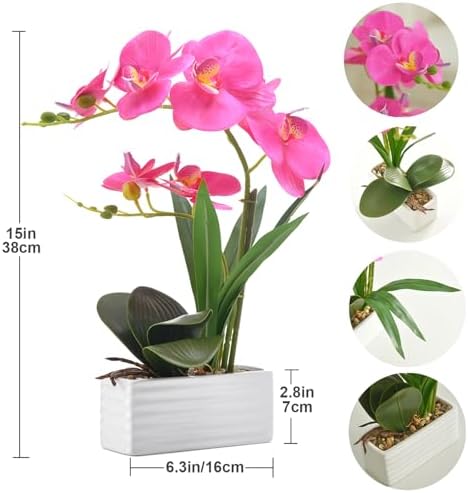 Artificial Real Touch Orchid Flowers with White Ceramic Vase, Purple Red - Image 2