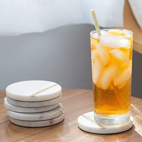 Cork & Mill Marble Coasters with Gold Brass Inlay, White, Set of 6 - Image 5