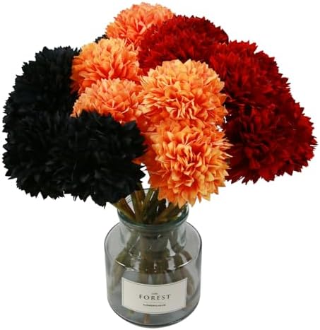 Tinsow Artificial Flowers Faux Ball Chrysanthemum Bouquet Flowers Bridal Wedding Bouquet for Home Garden Party Wedding Decoration (12, Black, Red, Orange) by Tinsow