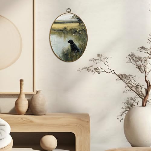 CUANFDDSF Vintage Black Labrador Landscape Oval Wall Art Decor, Countryside Cottagecore Farmhouse Cabin Wall Hanging Decor, French Country Framed Canvas Prints for Bedroom Living Room, 8.6x11.4 Inch - Image 2