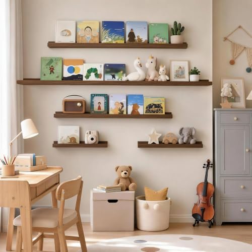 24inch Long Floating Shelves for Wall Decor, 5-Set Shelves with Lip, Walnut - Image 6