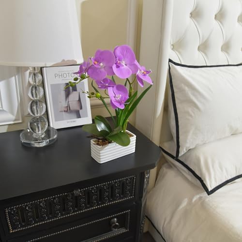 Artificial Real Touch Orchid Flowers with White Ceramic Vase, Purple - Image 4