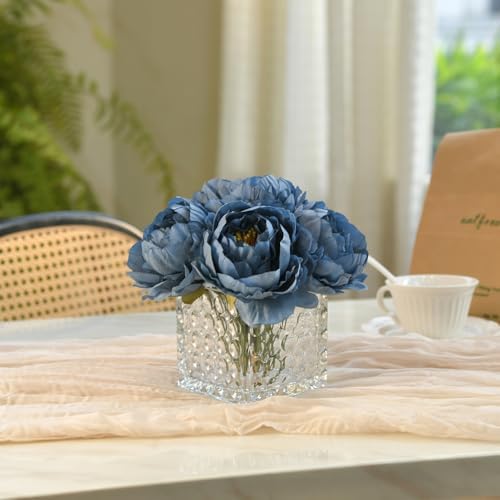 Artificial Peony Silk Flower Centerpieces with LED Light Faux Floral Arrangement in Glass Vase for Home Wedding Table Decoration (Dusty Blue) - Image 6