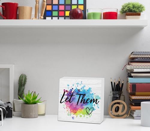 Let Them Wooden Sign, Desk Decorations For Women Office, 5x5 Inch Colorful Splash Funny Office Decor Wood Box Sign, Desk Shelf Cubicle Accessories, Appreciation Gifts for Coworkers Boss, 01 - Image 3
