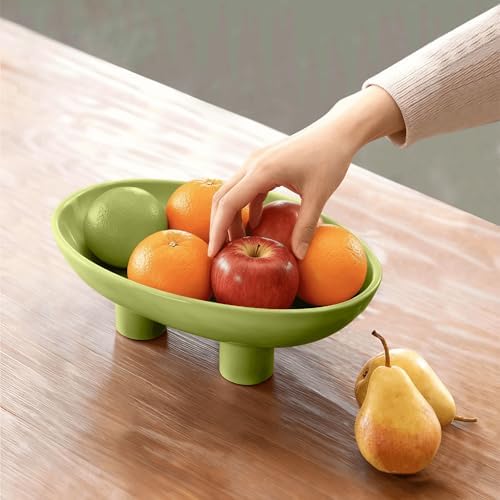 Three-Leg Ceramic Fruit Bowl, 10 Inch Oval Serving Dish for Kitchen Counter, Candy or Key Holder, Home Decor Accent Beige Green - Image 4
