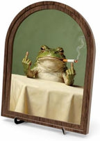 Funny Frog Tabletop Decor Sign, Arched Wooden Frame with Stand, Retro Whimsical Print, Home Office Desk Art for Living Room Bedroom, Vintage Frog Smoking Poster by Unknown