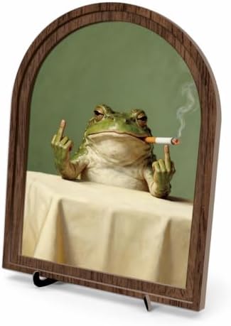 Funny Frog Tabletop Decor Sign, Arched Wooden Frame with Stand, Retro Whimsical Print, Home Office Desk Art for Living Room Bedroom, Vintage Frog Smoking Poster by Unknown