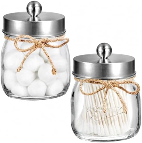 SheeChung 2 Pack Glass Mason Jar Qtip Holder Dispenser, Brushed Nickel Lids by SheeChung
