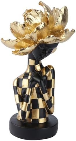 Lescafita African Woman Sculpture with Golden Flower Headpiece – Black and Gold Resin Figurine for Home Decor, Elegant African Lady Statue, Modern Ethnic Art Ornament, Gift for Women by LESCAFITA