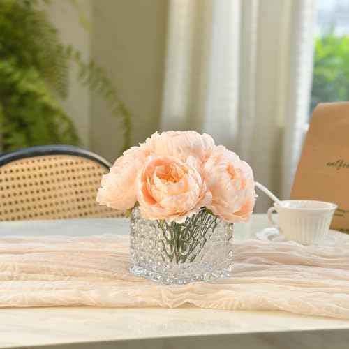 Artificial Peony Silk Flower Centerpieces with LED Light Faux Floral Arrangement in Glass Vase for Home Wedding Table Decoration (Blush Peach) - Image 6