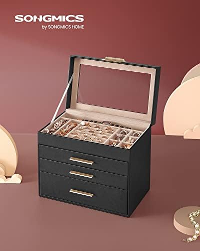 SONGMICS Jewelry Box Organizer, 4-Layer Storage with 3 Drawers, Glass Lid - Image 2
