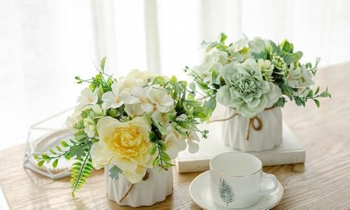 TKAS Fake Flowers Arrangement in Ceramic Vase, Artificial Faux Silk Roses & Hydrangea, Small Realistic Dried-Style Floral Dining Table Centerpiece for Wedding Party Home Decoration (Yellow) - Image 4