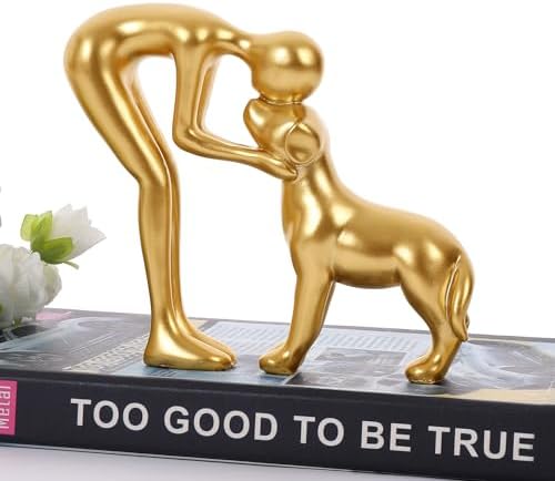 Man and Dog Statue Pet Decor for Home Office Memory Gift Golden - Image 7