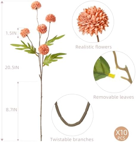10Pcs 20.5" Artificial Pompon Mum Silk Flower Stems, Fake Chrysanthemum Ball Faux Flowers for Vase, Fall Floral Stems for Indoor Home Decor Wedding Centerpieces, Rose Red (No Vase) - Image 3