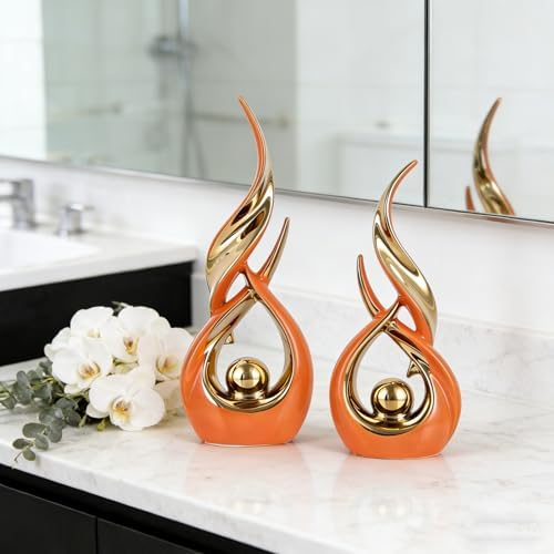 2 PCS Orange Gold Ceramic Statues For Home Decor Accents, Modern Abstract Art Sculptures, Elegant Tabletop Decorative Objects For Dining Room, Entryway, Tv Stand, Mantel, Coffee Table Centerpieces - Image 7