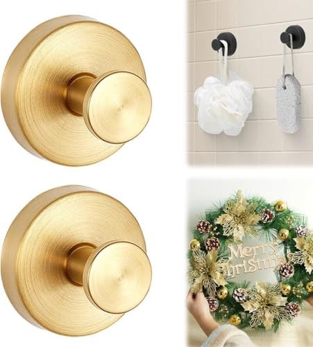 Suction Cup Hooks for Wreaths on Glass, 2025 New Model No-Drill Suction Cup Hooks, Wreath Hangers for Front Doors, Metal Towel Hooks for Showers Bathrooms Mirrors (2, Gold) by Unknown