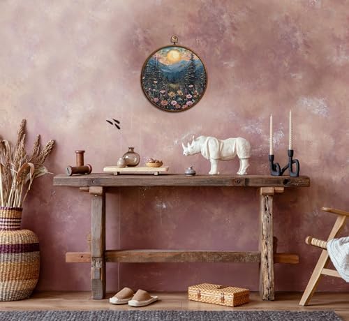 Moonlit Pine Tree Moon Round Wall Art, Full Moon Wall Decor, Woodland Round Artwork for Wall, Wild Flower Circular Wall Decor with Hanging Hook Home Bedroom Living Room Bathroom Kitchen Office, 9 - Image 3