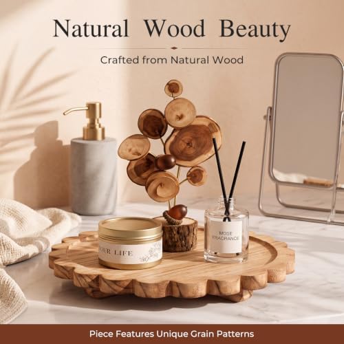 12 Inch Round Decorative Tray, Natural Paulownia Wood Scalloped Riser Tray - Image 2