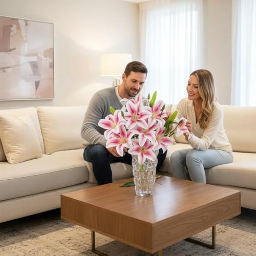 12 Artificial Lily Flowers with 9 Heads Full Bloom Lily & 3 Buds, Long Stem Artificial Stargazer Lilies, Faux Tiger Bouquets for Home Hotel Office Party Decor Table Centerpieces（Light Pink） - Image 3