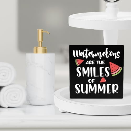 IYEZH Summer Decor Watermelon Wood Box Sign 5 x 5 Inches Desk Decor Rustic Country Wooden Square Sign Decor Watermelon Summer Decorations for Home Beach House Outdoor Shelf Wall Farmhouse Table Shelf - Image 6