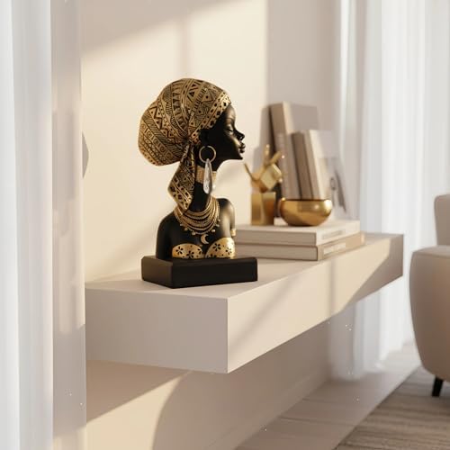 Lescafita African Lady Bust Sculpture with Golden Headwrap – Resin Figurine with Earrings and Necklace, Modern African Woman Statue for Home Decor and Cultural Gift - Image 2