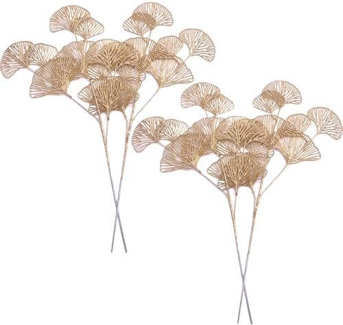 Artificial Gold Plants Fake Golden Ginkgo Leaves - Tall 21 Inch 4 Pack, Faux Apricot Leaf Simulation Bushes Plant for Indoor Outdoor Christmas Home Decor Party Wedding Table Centerpiece DIY Decoration by CATTREE