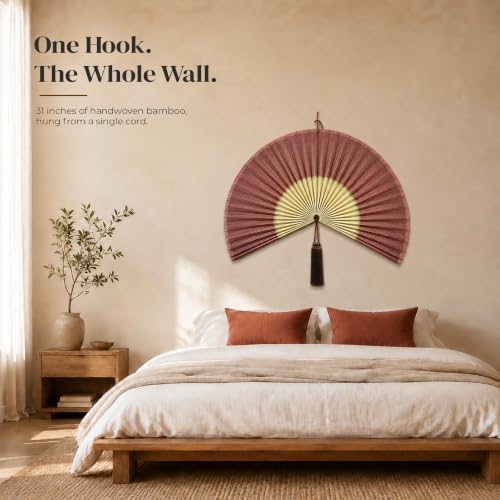 ChumDecor Bamboo Fan Wall Decor, Japanese Wall Fan, Red Brown 31 in - Image 2