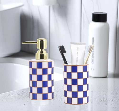Bathroom Toothbrush Holder Set, Ceramic Checkered Soap Dispenser and Tooth Brush Holder Set, Modern Bathroom Accessories Sets Countertop, Black and White Checkered Bathroom Decor Set (Blue) - Image 7