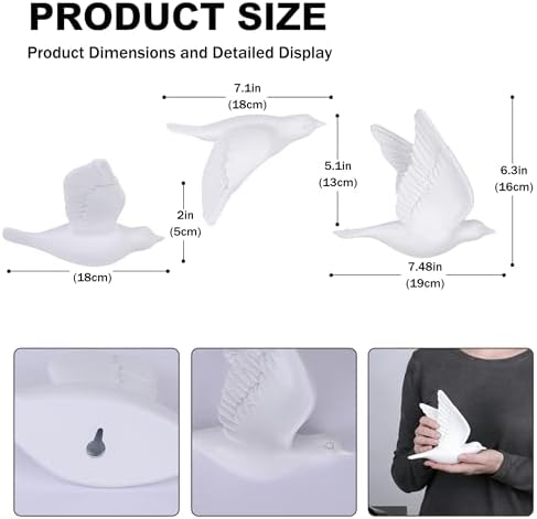 suruim 3D Birds Wall Decor Set of 3 Resin Wall Sculpture (White) - Image 3