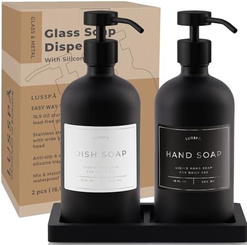 Glass Soap Dispenser Set of 2 (Black) with Silicone Tray | Hand and Dish Soap Dispenser for Kitchen and Bathroom | 16.8 Oz Glass Bottles with Stainless Steel Pump & 15 Waterproof Labels (Black) - Image 7