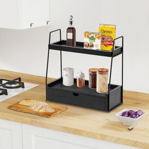 2-Tier Bathroom Countertop Organizer with Drawer, Wood Vanity Shelf Black - Image 2