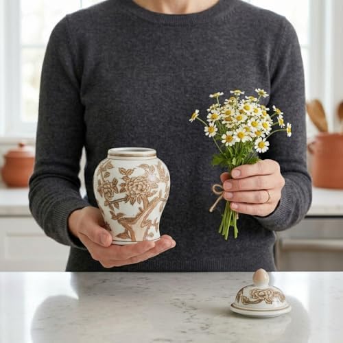 8" Ceramic Ginger Jar w/Lid - Classic Chinese Style Porcelain Jar Tea Storage for Home Decor Decorative Centerpiece Vintage Accent Antique Vase Jingdezhen (Brown & White) - Image 3
