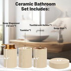 Kukikan Ceramic Bathroom Accessories Set, 4 Pcs-Includes Lotion Soap Dispenser, Toothbrush Holder, Vanity Tray, and Tumbler, Modern Bathroom Decor Organizer with Soap Dish, Apothecary Jar, Beige Color - Image 3