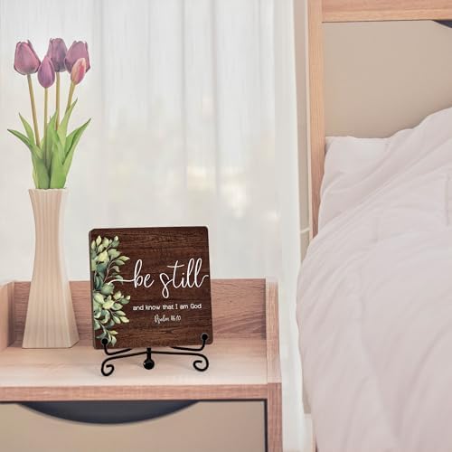 Inspirational Christian Desk Decor, Be Still And Know That I Am God Rutsic Sign, Desk Decorations For Office Home Living Room Bathroom, Eucalyptus Shelf Decor, Wooden Plaque With Stand (05) - Image 4
