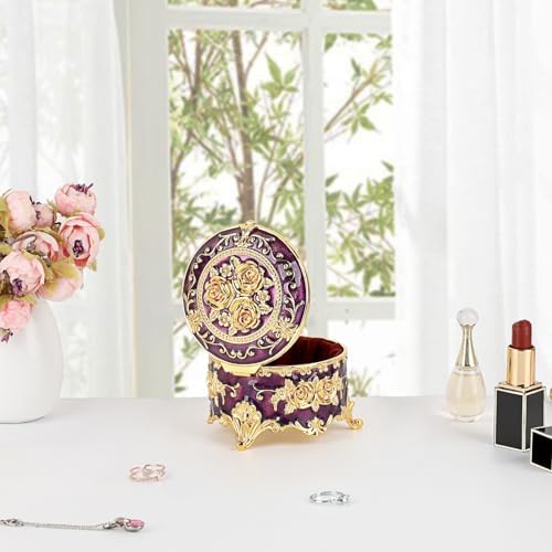 Hipiwe Vintage Jewelry Box Small Trinket Storage Organizer Box Gold Metal Chest Ring Case Treasure Chest Round Keepsake Boxes for Earrings Necklace Gift for Women,Purple - Image 5