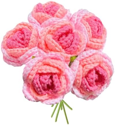 JOONOR 6 Pcs Hand-Woven Roses, Crochet Rose Flower Bouquet, Pink Red by JOONOR