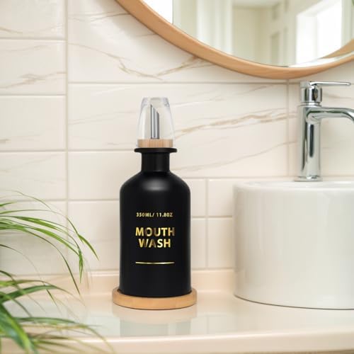 Mouthwash Dispenser for Bathroom 11.8oz – Glass Mouthwash Bottle with Cup & Bamboo Tray, Gold Hot-Stamped Lettering, Silicone Base, Modern Bathroom Accessory (Black) - Image 4