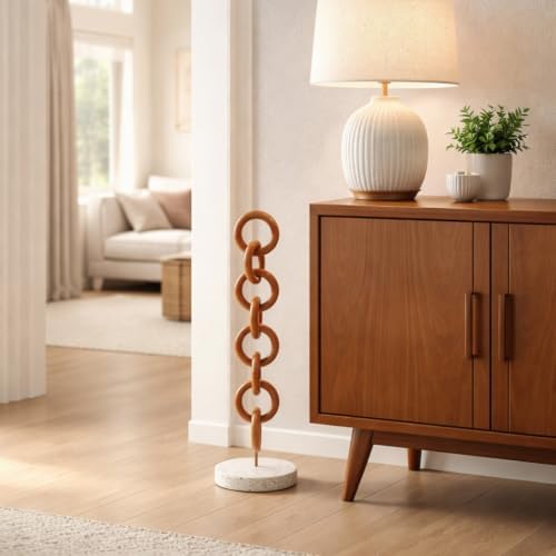 Mahogany Wood Chain Accent on Terrazzo Base for Home and Living Room Decor - Sculpture Ornament for Office, Shelf or Coffee Table Display - Decorative Figurine Object for Room - 28", Gold & Ivory by NESSANDJORD
