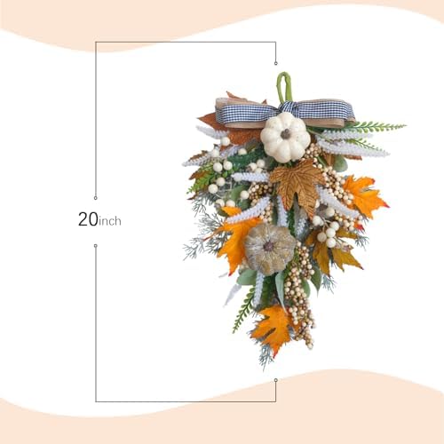 2PCS Fall Teardrop Swags 20inch Thanksgiving Wreath, Eucalyptus Berries Pumpkins Lamb Ears Leaves Autumn Wreaths for Front Door, Fall Decor, Porch Wall, Home Outdoor Holiday Decorations (C) - Image 3