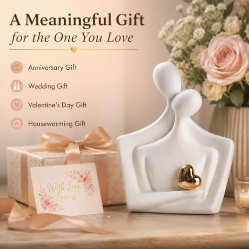 Ceramic Hugging Couple Statue with Gold Heart - Lover Figurine Home Decor Aesthetic, Romantic Gift for Her on Wedding Anniversaries and Valentine's Day Decor for Living Room Bedroom Shelf - Image 5