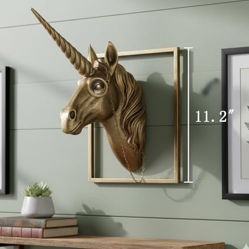 JJALIGHTS Exquisite Resin Animal Head Wall Sculpture (Gift Metal Frame) - Imitation Copper Vintage Decor for Living Room, Bedroom & Office | Decorative Wall Hanging Art (Unicorn) - Image 3