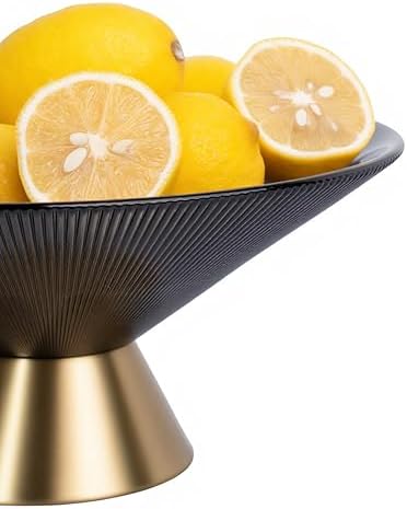 Tapered Glass Decorative Bowl (Gray), 9.8 Inches Handblown Striped Design Glass Bowl with Rust Resistant Metal Base,Decorative Fruit Bowl for Home Decor,Table Centerpiece,Kitchen Island,Dining Decor - Image 3