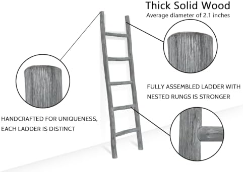 FUIN Blanket Ladder, 57in Wood Rustic Decorative Ladder, Light Gray - Image 3