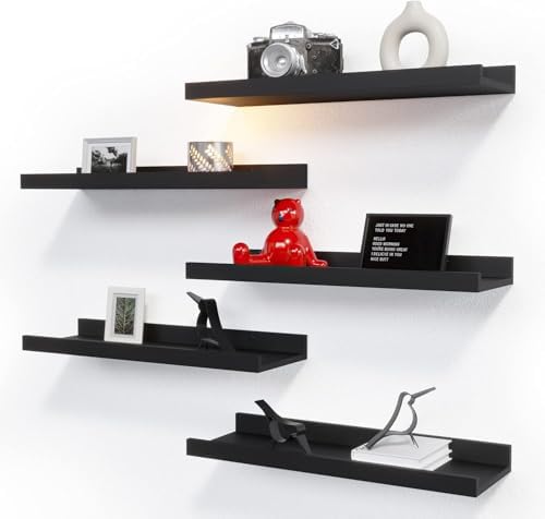 RICHER HOUSE 5-Set Floating Shelves with Lip, Black Wall Mounted Wood Shelf by RicherHouse