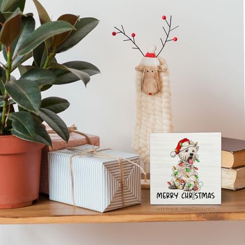 West Highland White Terrier Christmas Wooden Box Sign Desk Decor, Westie Dog Lover Gifts, Christmas Dog Wood Block Sign for Home Office Desk Table Shelf Wall Decorations, 5x5 Inch - Image 2