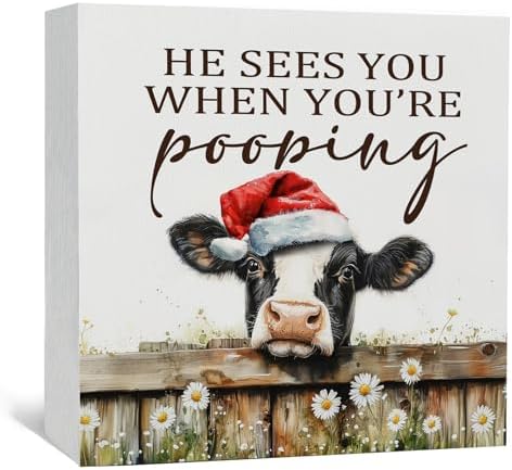 Christmas cows Home Bathroom Decor Sign - Farmhouse Western Christmas Animal Bathroom Decor,Rustic Farm Animal He Sees You When You're Pooping Signs,cows Gifts for Women by Nitelat